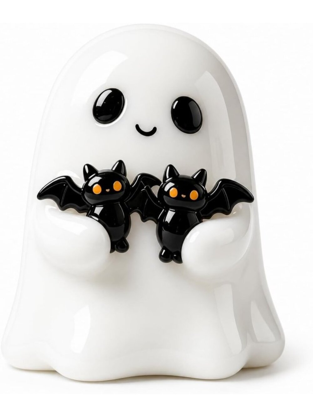 Cute Ghost Bat Halloween Figurine White Ghost Holding Black Bats Resin Statue